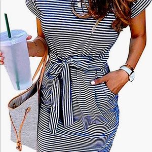 Striped Tshirt dress with tie waist and pockets